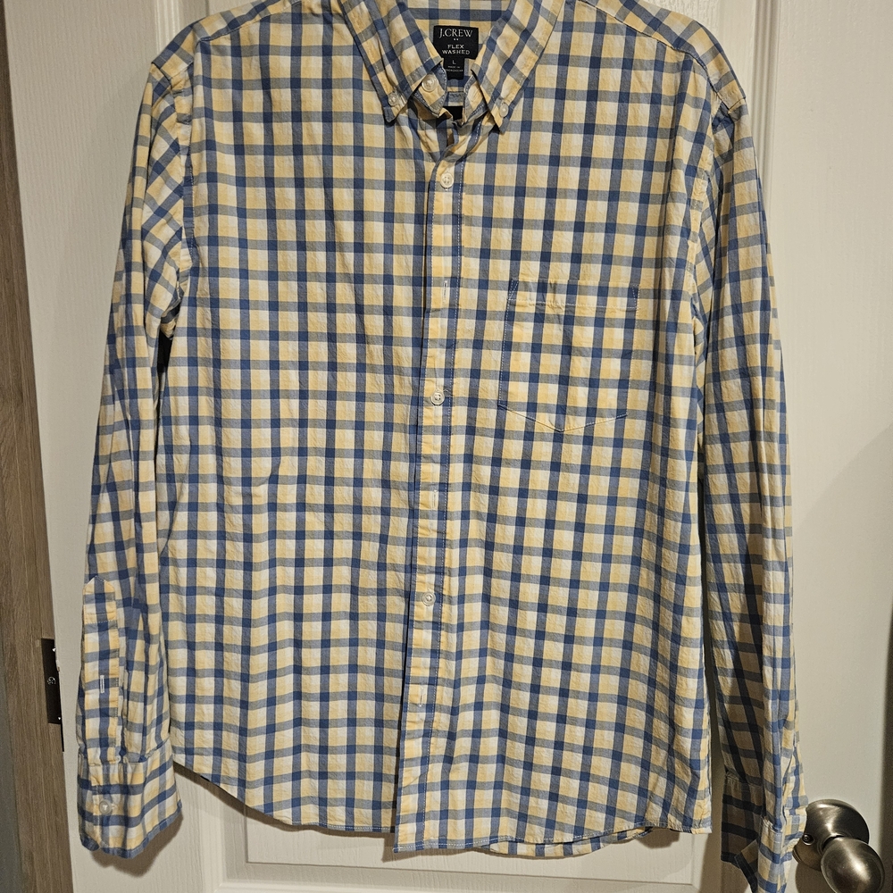 J Crew Flex Washed Collared Classic Blue/Yellow Checkered Button Up Shirt Size L
